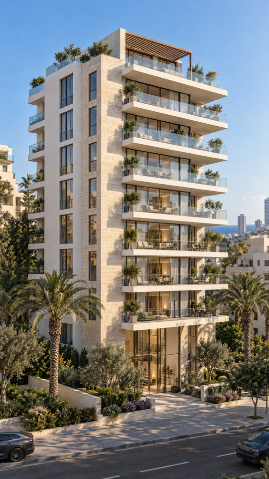 Static render of a white residential building with balconies, palm trees and the sea behind