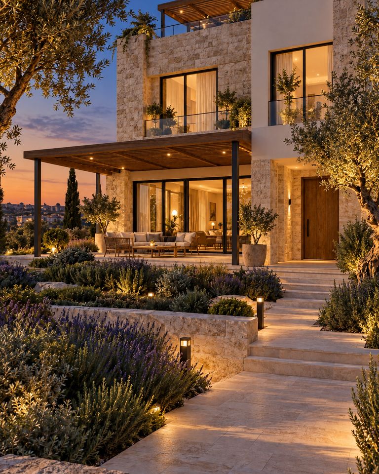 The same render at dusk, with lights on in the windows and garden