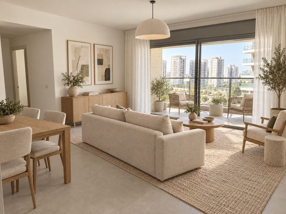 Render of the same living room, furnished: sofa, rug, a potted olive tree and curtains