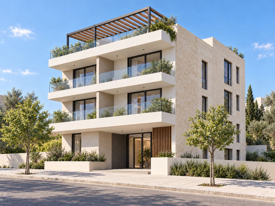 Photorealistic render of the same building: white plaster, natural stone and glass balconies