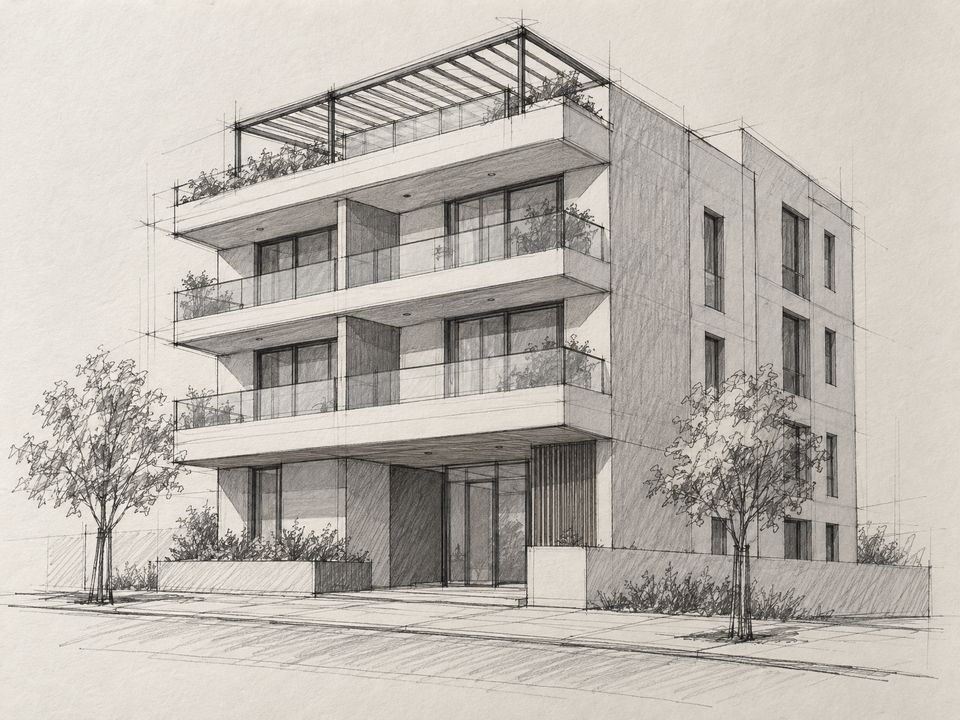 Pencil sketch of a four-story residential building